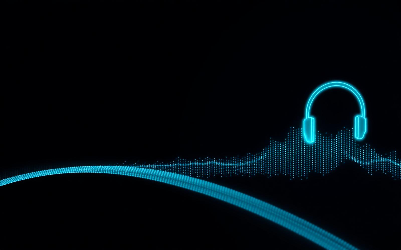 Glowing cyan voice waveform and headset silhouette on a dark background